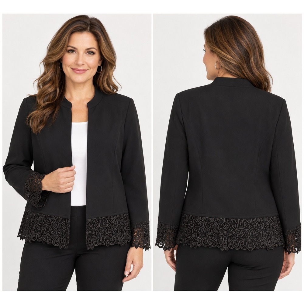 Chicos Floral Embroidered Jacket Womens Sz 3 XLCrochet Lace BohoOpen Front Black